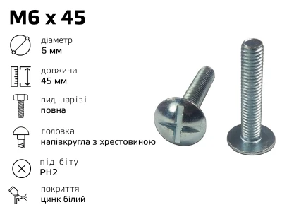 Гвинт меблевий RL M6 з напівкруглою головкою з хрестовиною, довжина - 45 мм, повне різьблення