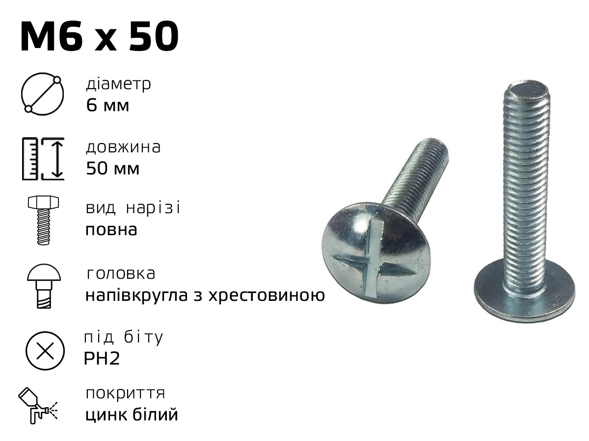 Гвинт меблевий RL M6 з напівкруглою головкою з хрестовиною, довжина - 50 мм, повне різьблення 