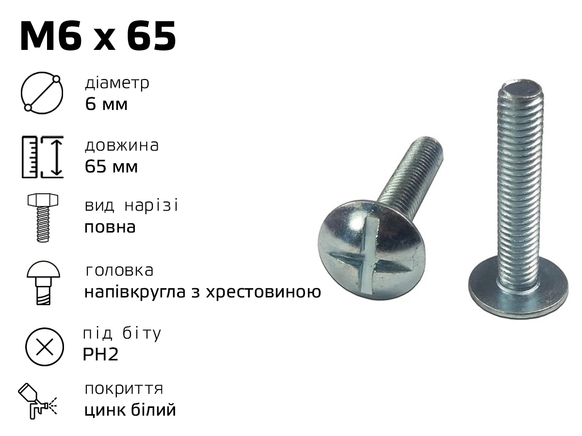 Гвинт меблевий RL M6 з напівкруглою головкою з хрестовиною, довжина - 65 мм, повне різьблення 