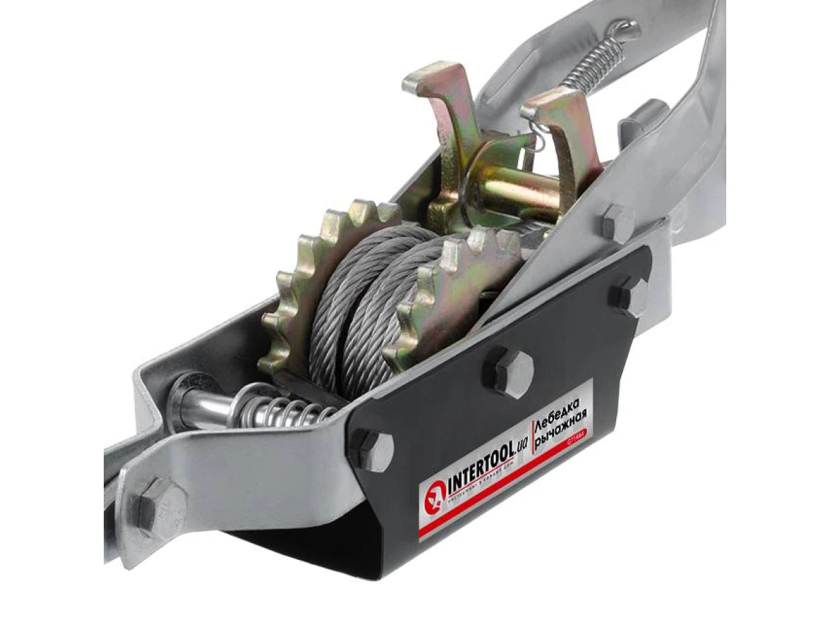 Лебедка рычажная тяговое усилие 4т, трос 2.50м*5.5мм, рабочая длина троса 1.20м INTERTOOL GT1444 