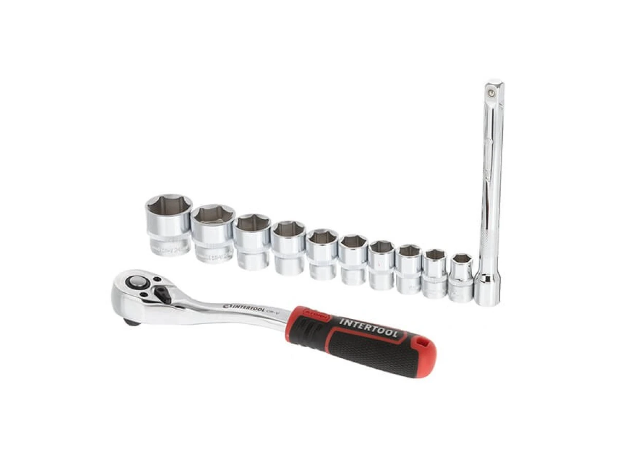 Набір головок 3/8" 10-24 мм, подовжувач, рукоятка з храповим механізмом 72 зубця, 12 од., Cr-V STORM INTERTOOL ET-8013 