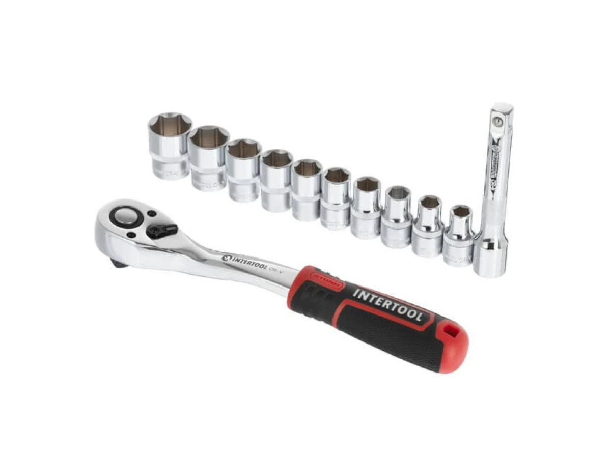 Набір головок 1/2" 10-24 мм, подовжувач, рукоятка з храповим механізмом 72 зубця, 12 од., Cr-V STORM INTERTOOL ET-8014 