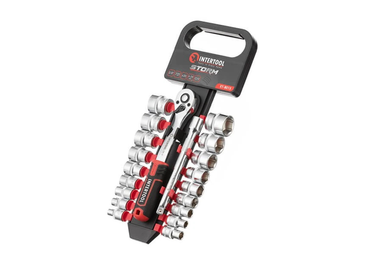 Набір головок 3/8" 6-24 мм, подовжувач, рукоятка з храповим механізмом 72 зуба, 20 од., Cr-V STORM INTERTOOL ET-8015 