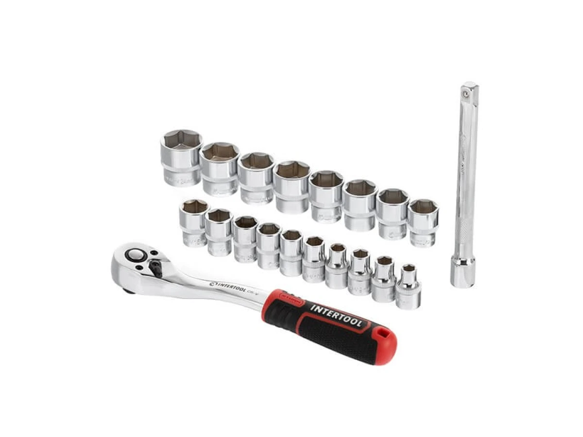 Набір головок 3/8" 6-24 мм, подовжувач, рукоятка з храповим механізмом 72 зуба, 20 од., Cr-V STORM INTERTOOL ET-8015 