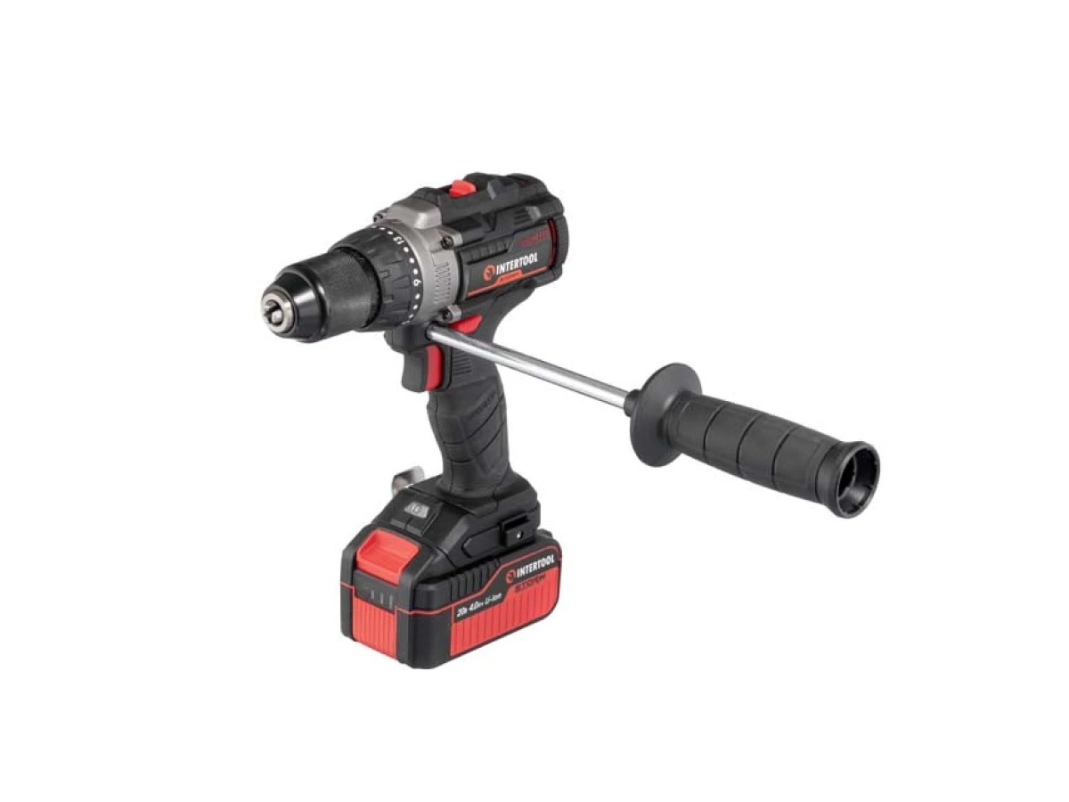 Дрель-шуруповерт аккумуляторная ударная с бесщеточным двигателем 20 В, 100 Нм, 0-410/0-1800 об/мин, 2-13 мм, Li-Ion, 4.0 Ач, ЗУ 4 А, кейс INTERTOOL WT-0361 