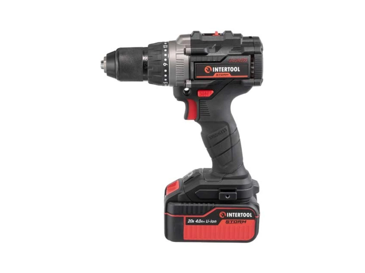 Дрель-шуруповерт аккумуляторная ударная с бесщеточным двигателем 20 В, 100 Нм, 0-410/0-1800 об/мин, 2-13 мм, Li-Ion, 4.0 Ач, ЗУ 4 А, кейс INTERTOOL WT-0361 
