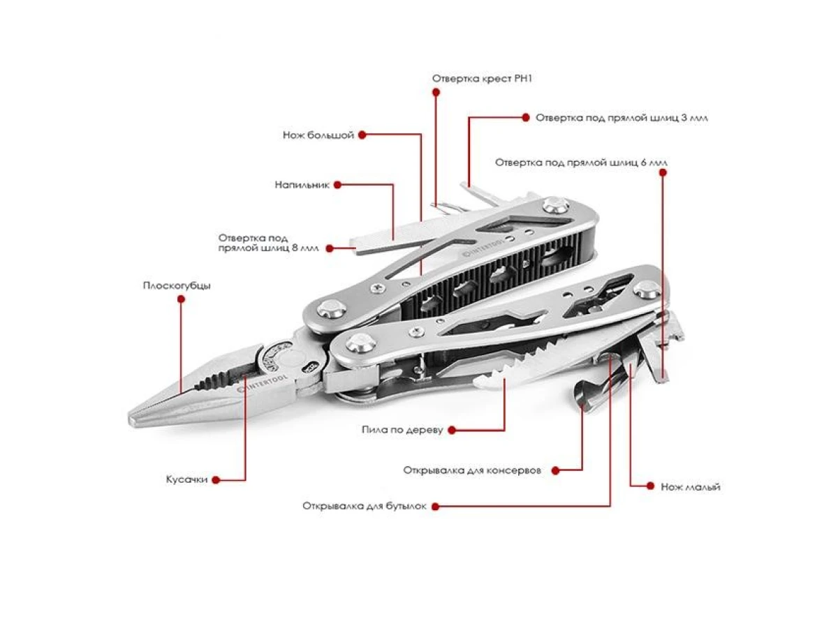 Мультиінструмент 165 мм, 12 в 1, з чохлом INTERTOOL HT-0540 