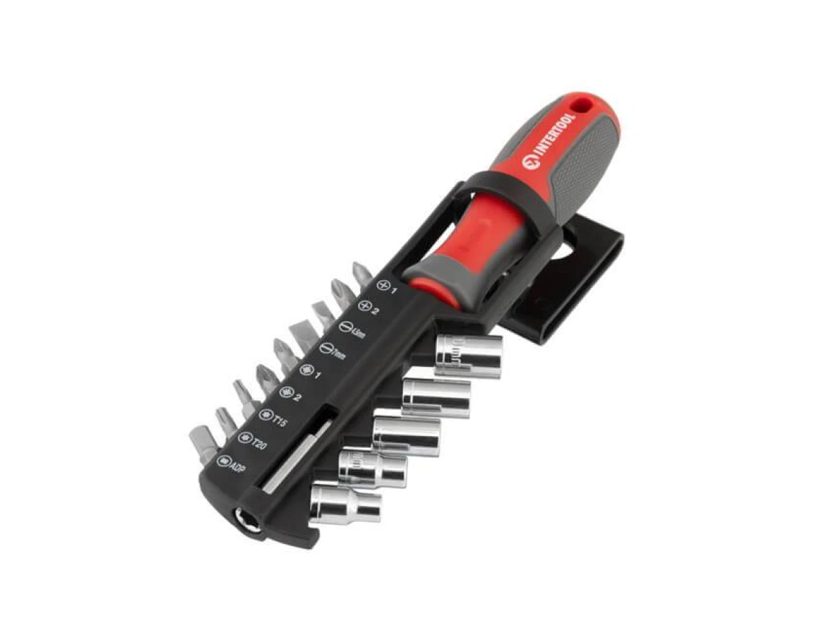 Викрутка з магнітним тримачем для насадок 1/4" 100 мм, з комплектом насадок 15 од. INTERTOOL VT-3343 