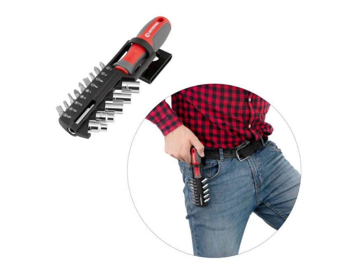 Викрутка з магнітним тримачем для насадок 1/4" 100 мм, з комплектом насадок 15 од. INTERTOOL VT-3343 