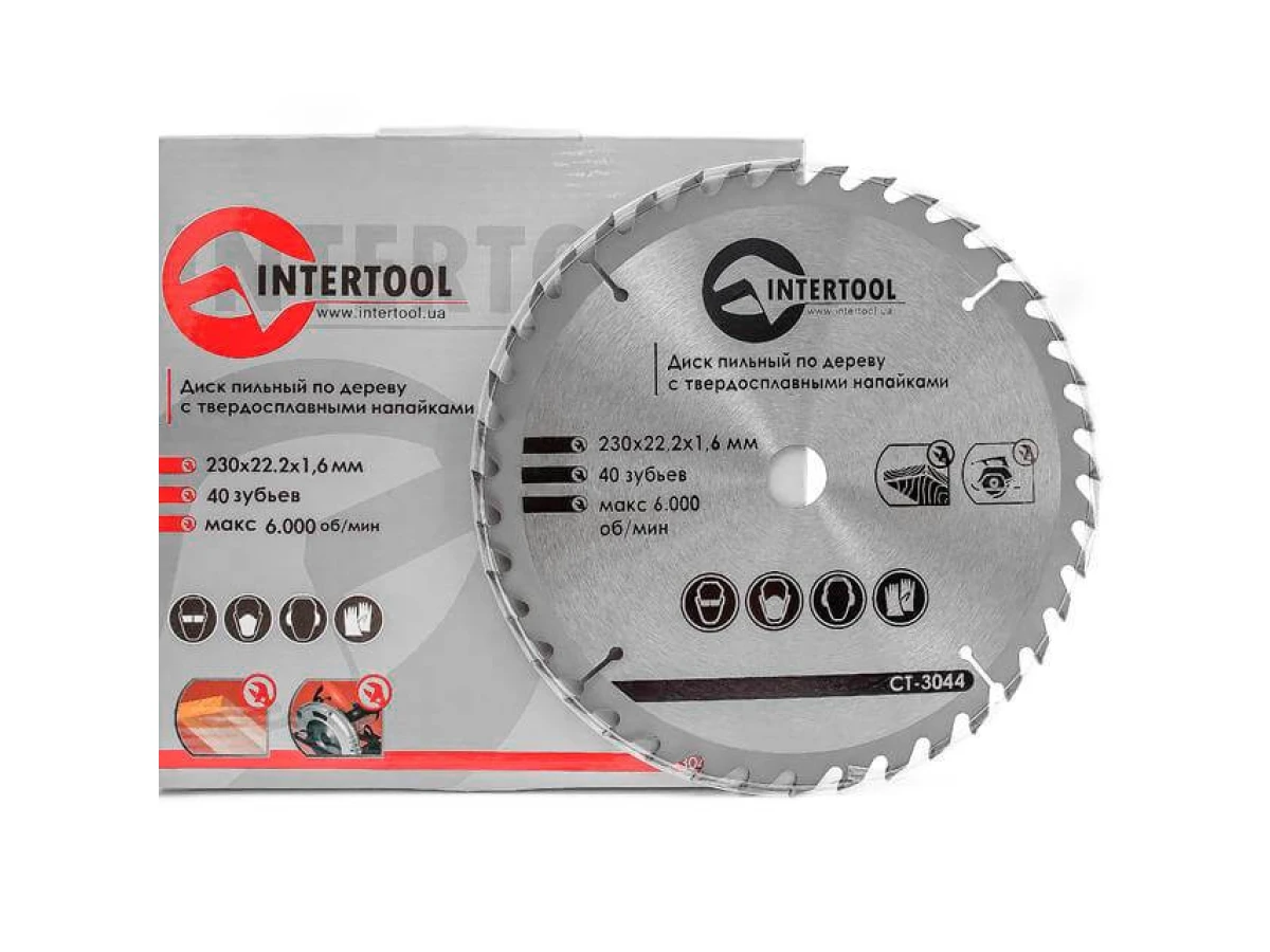 Диск пиляльний по деревині з твердосплавними напайками 230*22*1.6 мм, 40 зубів INTERTOOL CT-3044 