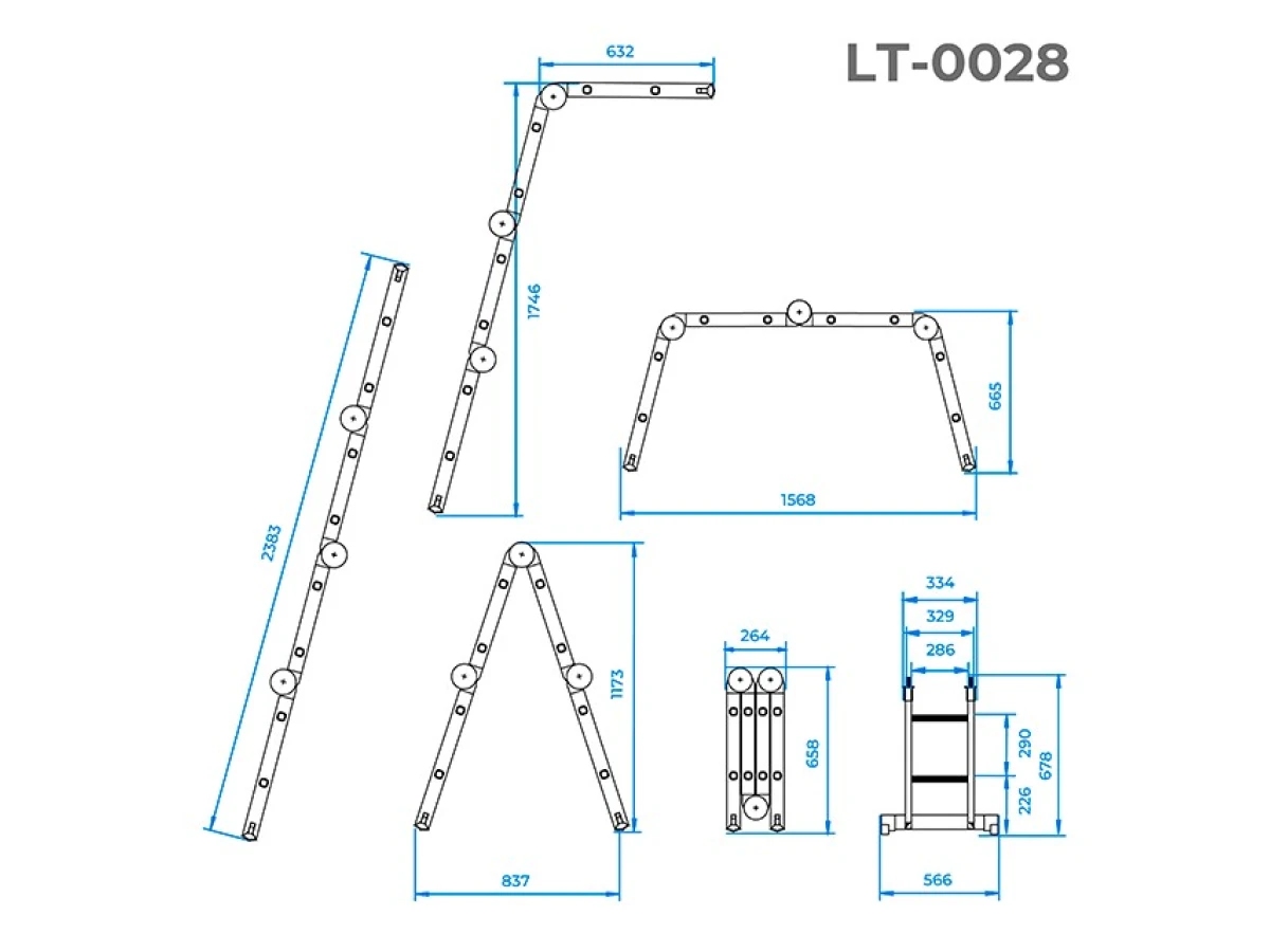 Лестница алюминиевая мультифункциональная трансформер 4*2 ступ. 2.38м INTERTOOL LT-0028 