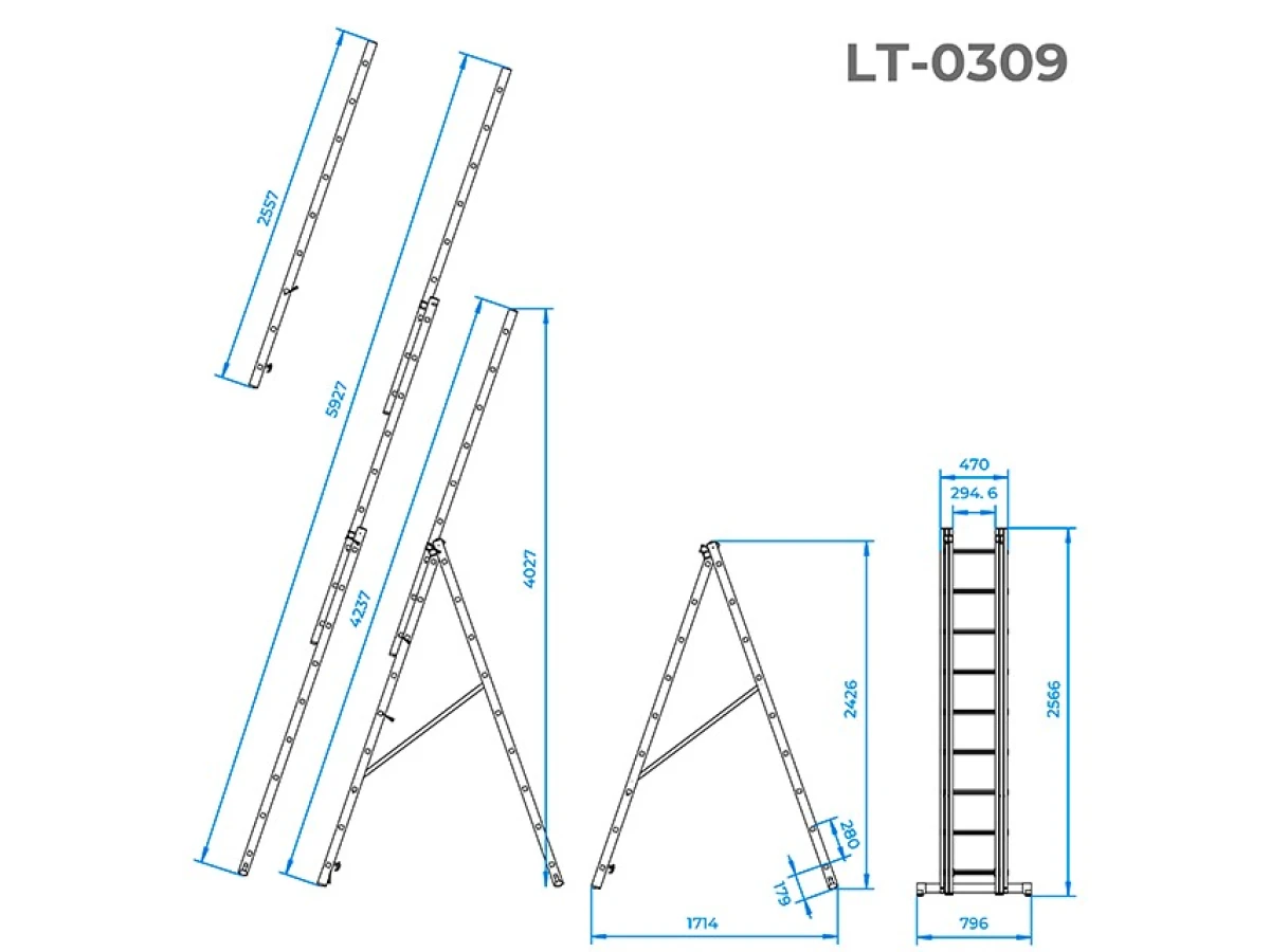Лестница алюминиевая, 3-х секционная универсальная раскладная, 3*9 ступ., 5,93 м INTERTOOL LT-0309 