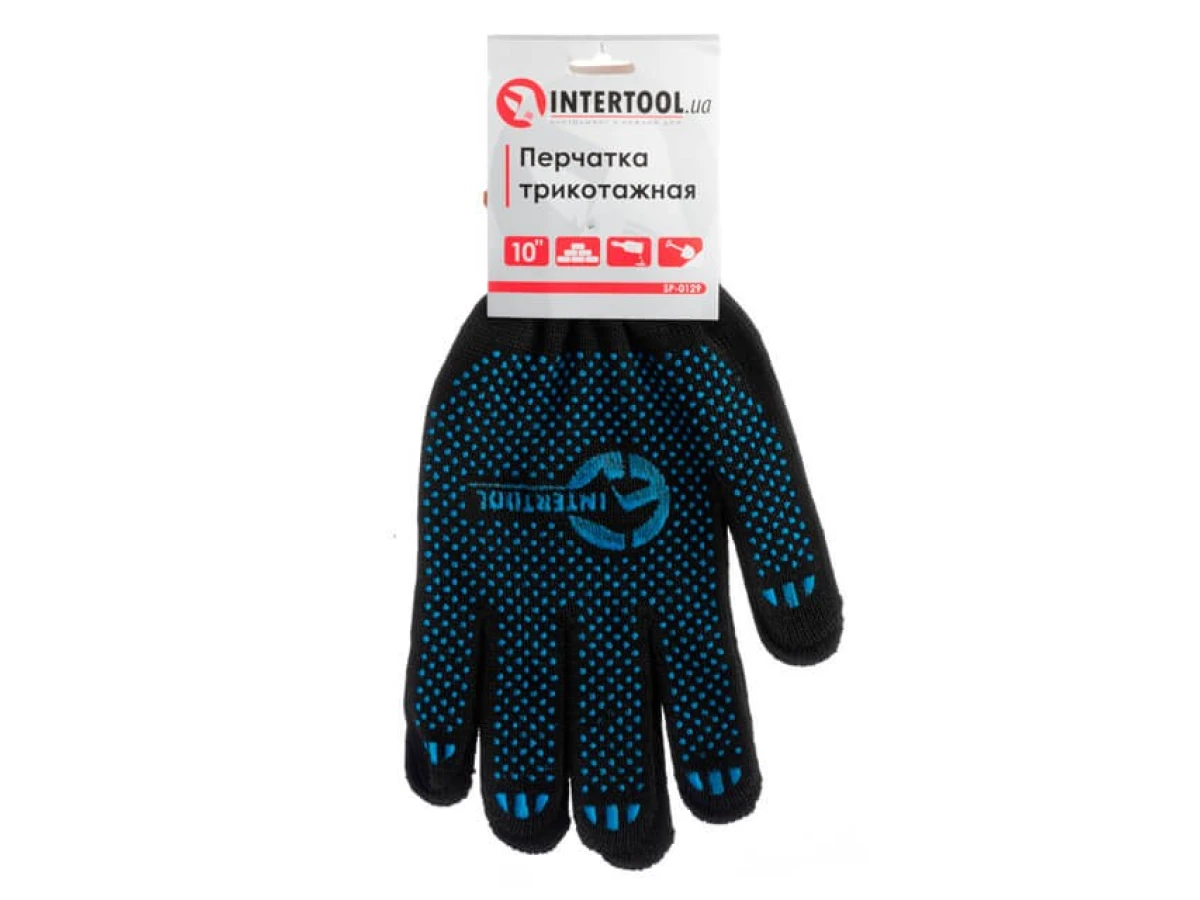Рукавичка трикотажна 70% бавовна / 30% поліестер, з ПВХ крапкою, клас в'язки 10, колір чорний, синя крапка, 55 гр INTERTOOL SP-0129 