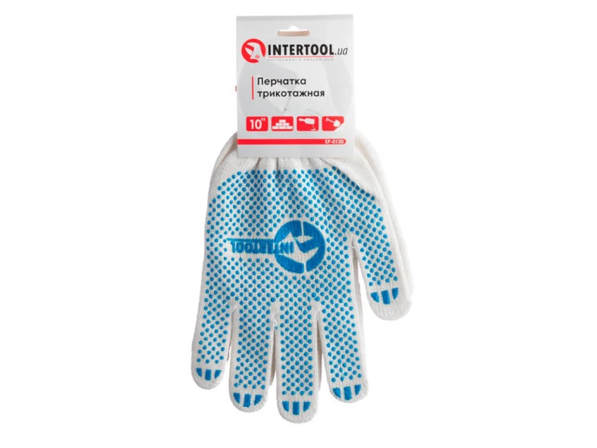 Перчатка трикотажная 70% хлопок / 30% полиэстер, с ПВХ точкой, класс вязки 10, цвет белый, синяя точка, 52 г INTERTOOL SP-0130 