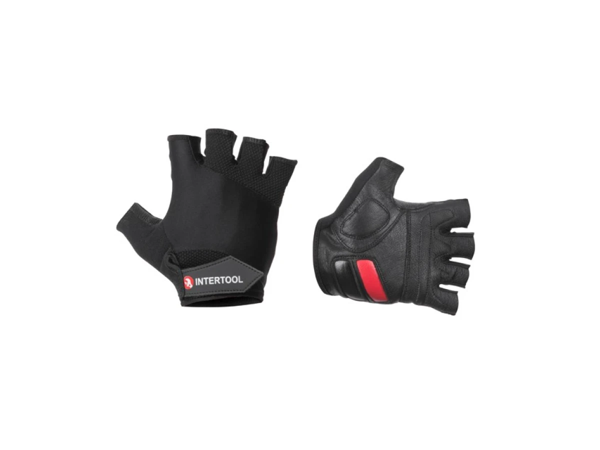 Перчатка без пальцев, кожанная, гелевые и резиновые вставки на ладони, вставки из дышащего неопрена,фиксация ремешком на липучке,10" INTERTOOL SP-0147 