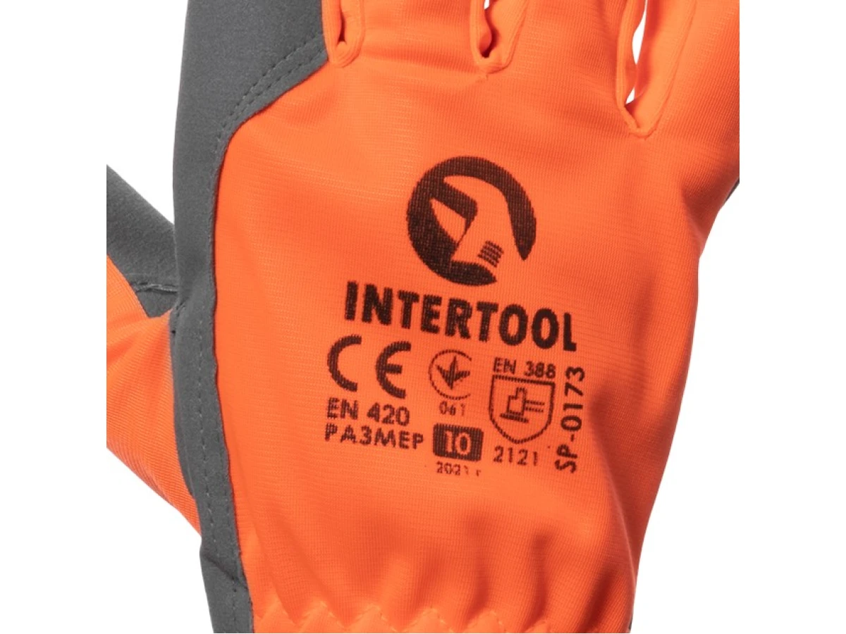 Перчатка кожаная комбинированная из эко- кожи и флуоресцентной оранжевой ткани 10" INTERTOOL SP-0173 