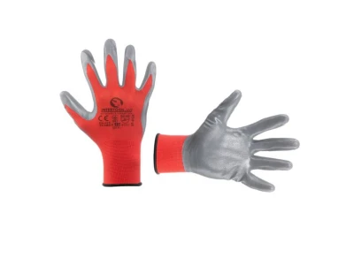 Перчатка трикотажная, синтетическая, красная, покрыта серым нитрилом на ладони, 10