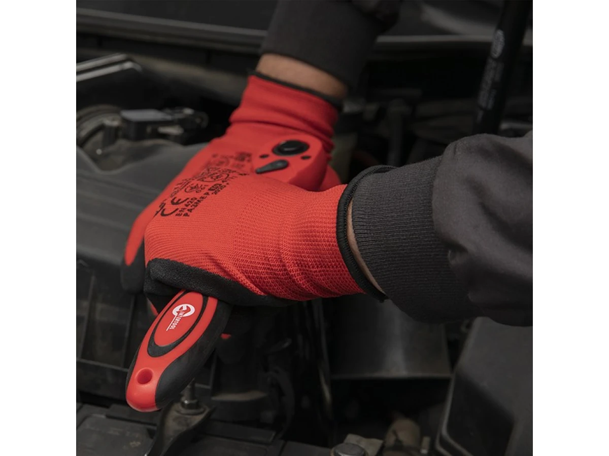 Перчатка красная вязанная синтетическая, покрытая серым пористым нитрилом на ладони 10" INTERTOOL SP-0127 