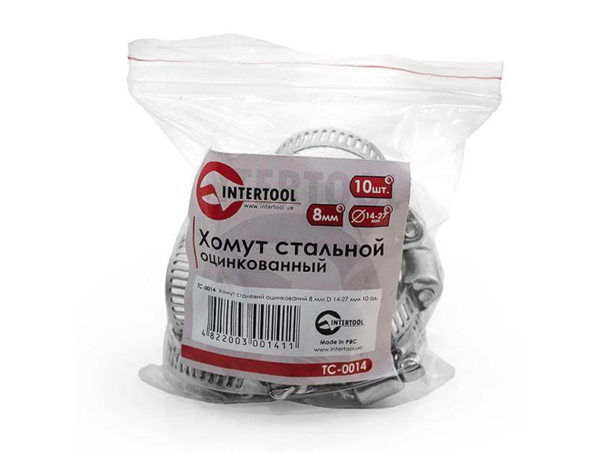 Хомут сталевий оцинкований 8 мм, D - 14-27 мм INTERTOOL TC-0014 