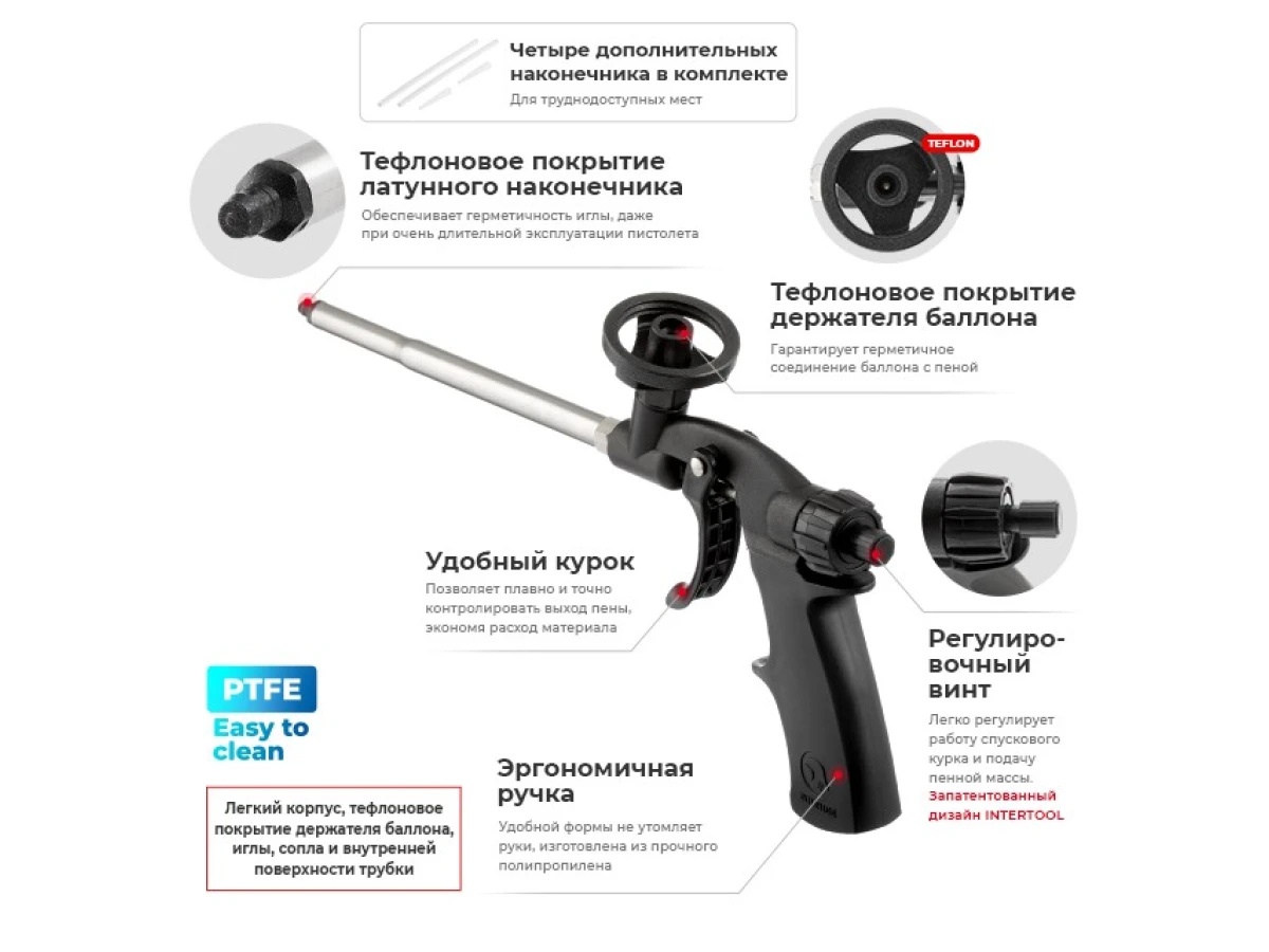 Пістолет для піни ручний, механічний, з тефлоновим покриттям трубки та тримача балону, зі змінними насадками INTERTOOL PT-0605 