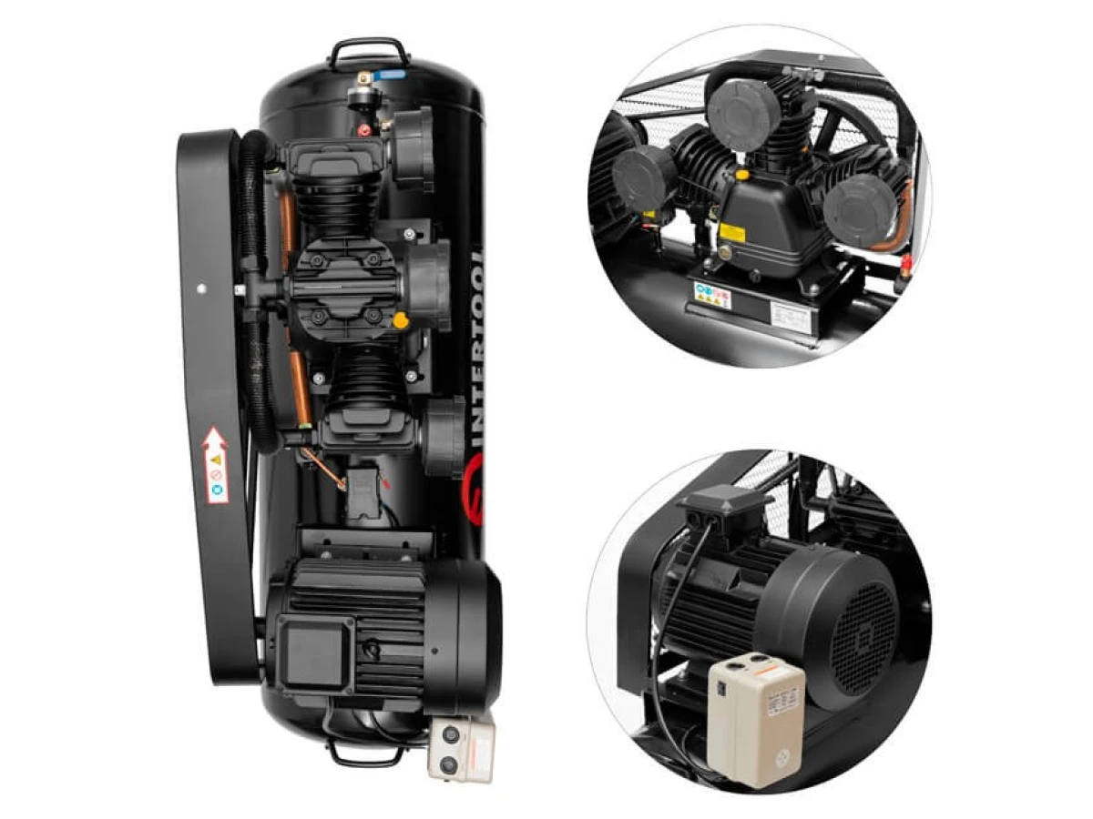 Компресор 200 л, 7,5 кВт, 380 В, 10 aтм, 1050 л/хв., 3 циліндри INTERTOOL PT-0040 