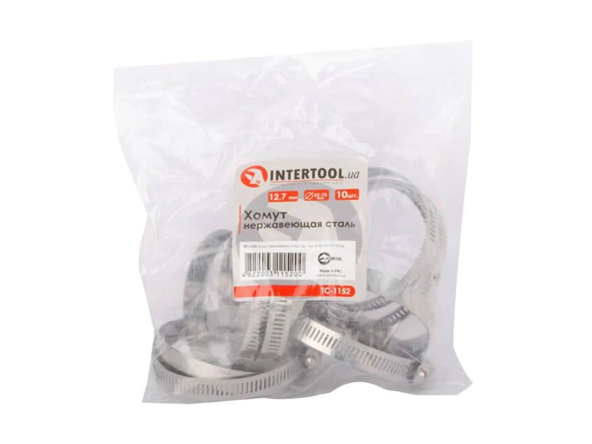 Хомут нержавіюча сталь 12,7 мм, D - 52-76 мм INTERTOOL TC-1152 