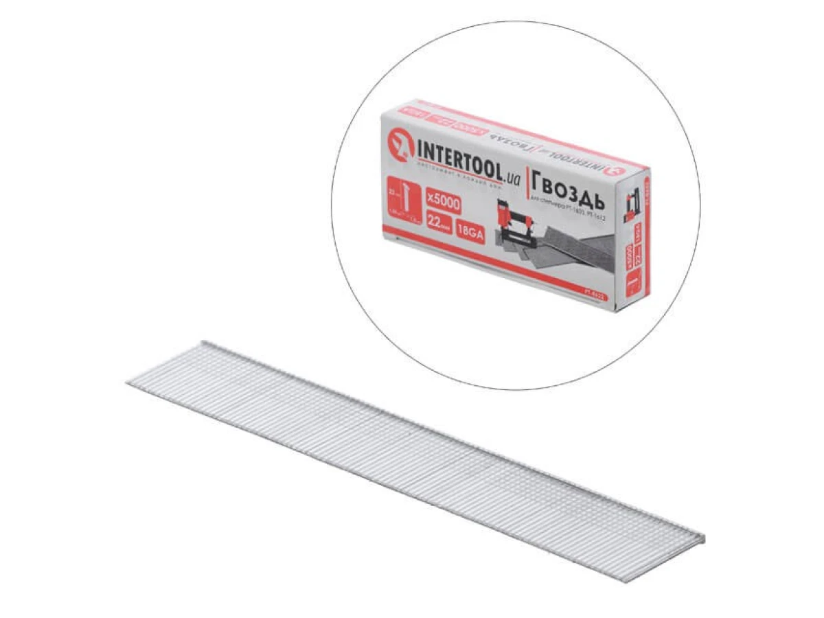 Гвоздь для степлера PT-1603, PT-1612, 22 мм (18GA), 1.0*1.25 мм, 5000 шт/уп. INTERTOOL PT-8622 
