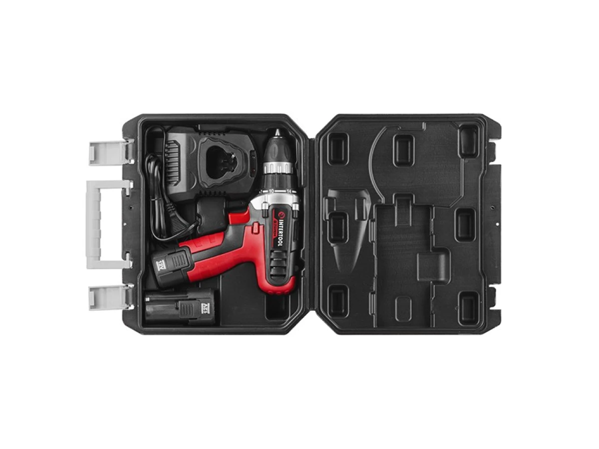 Дрель-шуруповерт аккумуляторная, Li-Ion 12В, 18Nm,1.5 Ач, 2 скорости, 0-400/0-1500об/мин, 2 аккумулятора INTERTOOL WT-0321 