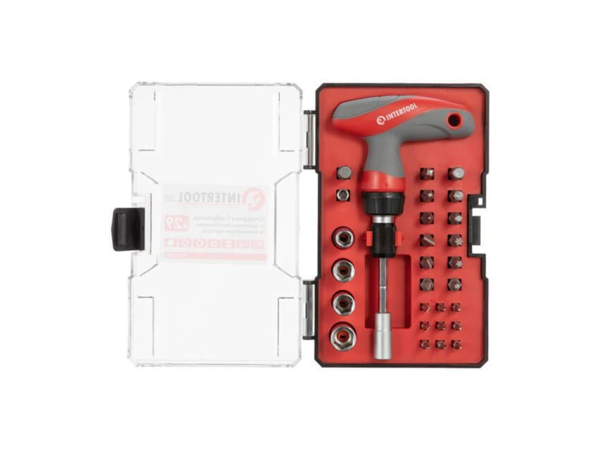 Отвертка Т-образная с храповым механизмом и комплектом насадок 29 ед. INTERTOOL VT-3330 