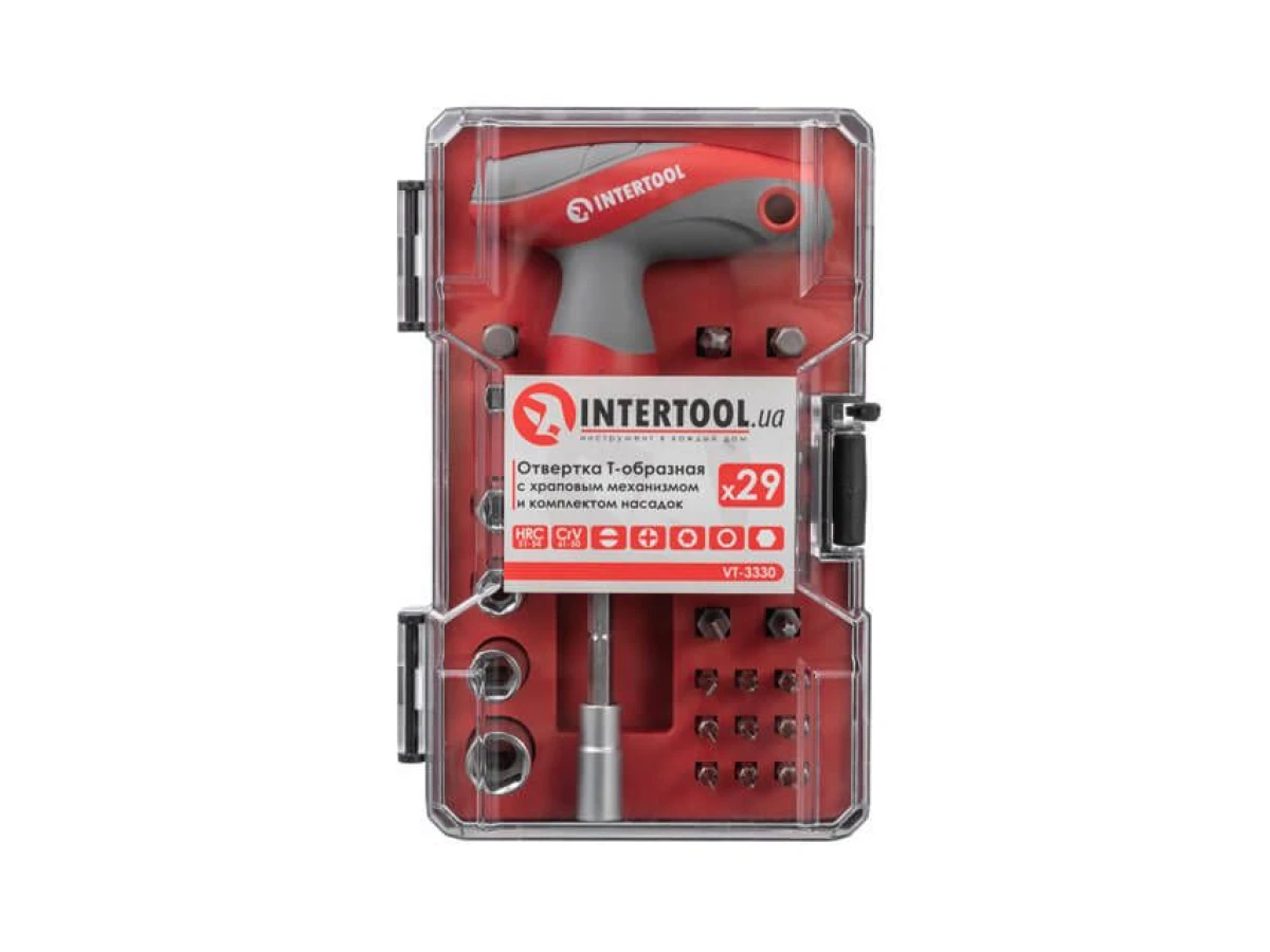 Отвертка Т-образная с храповым механизмом и комплектом насадок 29 ед. INTERTOOL VT-3330 