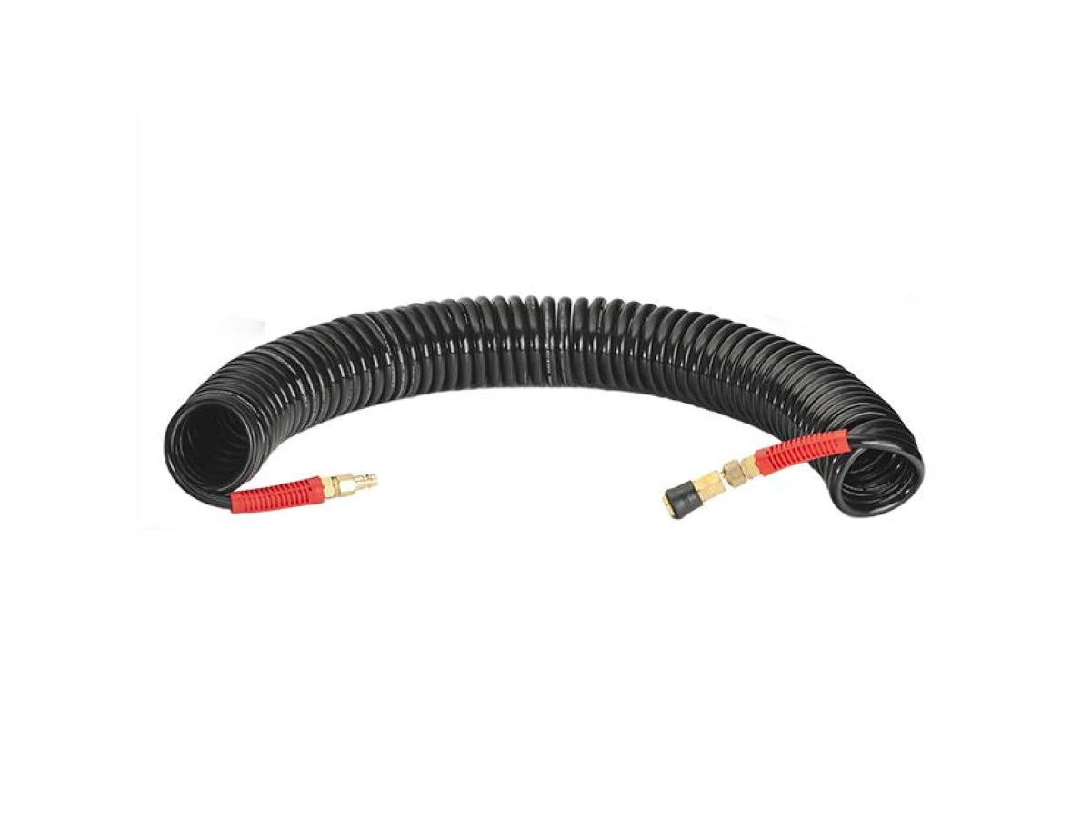 Шланг BLACK M-Flex 8*12 мм, 15 м спіральний поліуретановий з поворотним шарніром, латунними швидкороз'ємними з'єднаннями STORM INTERTOOL PT-1797 