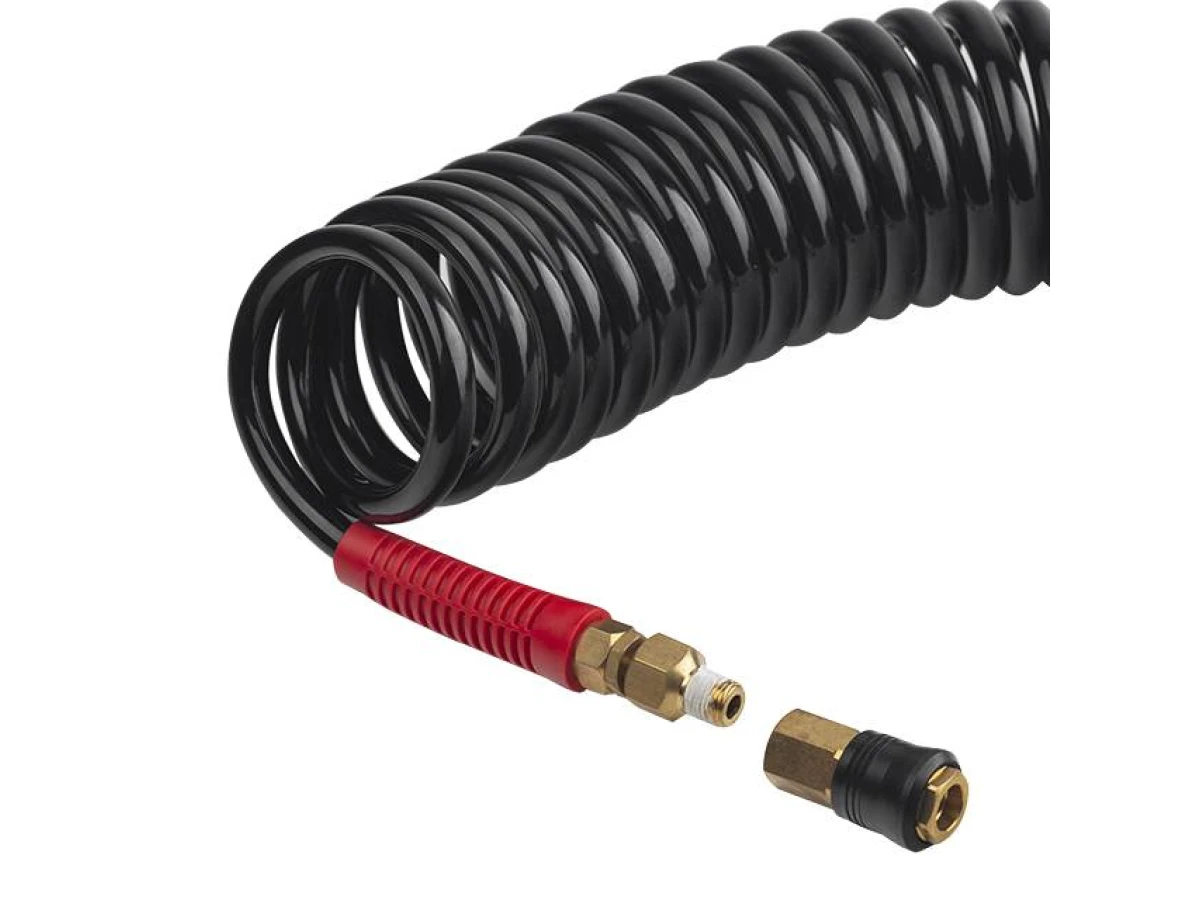 Шланг BLACK M-Flex 8*12 мм, 15 м спіральний поліуретановий з поворотним шарніром, латунними швидкороз'ємними з'єднаннями STORM INTERTOOL PT-1797 