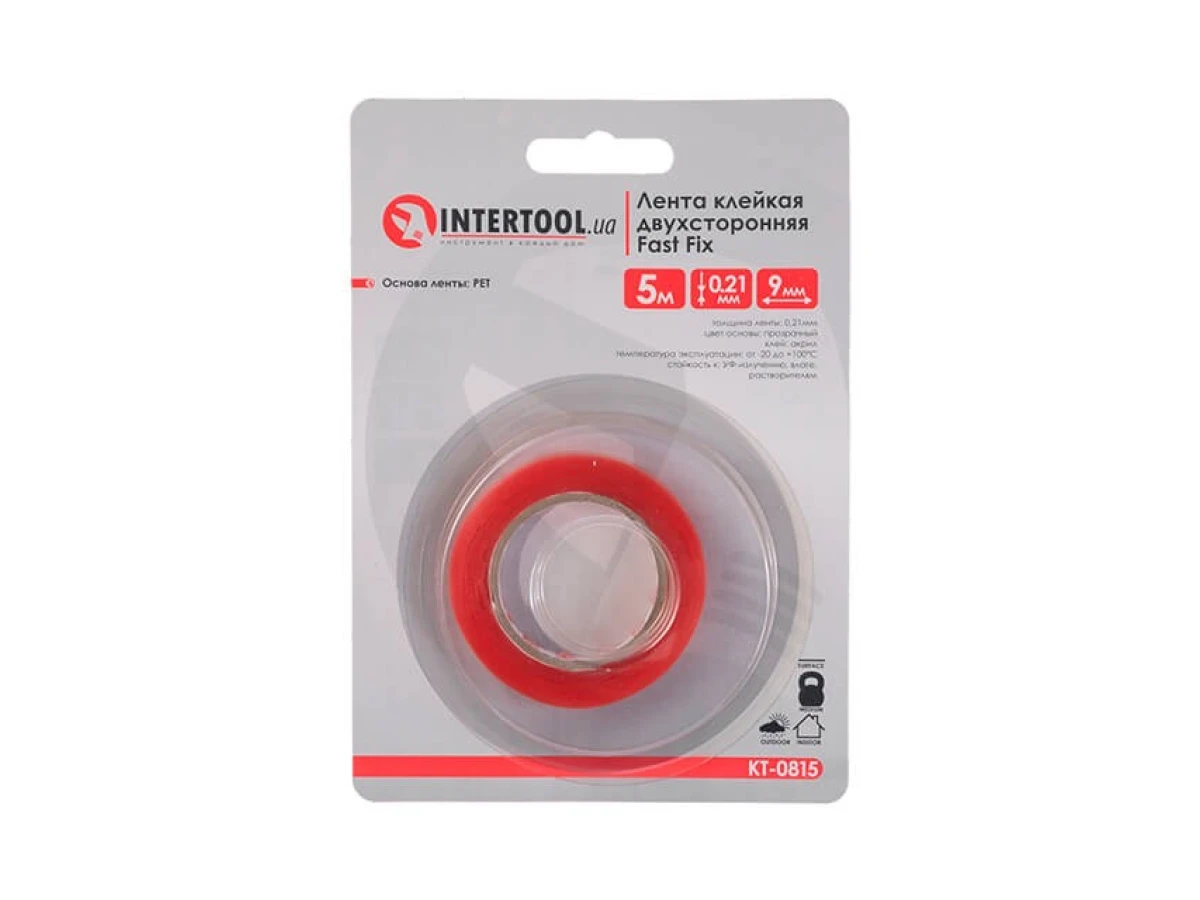 Стрічка клейка двостороння FAST FIX, 9 мм * 5 м * 0,21 мм, прозора, РЕТ INTERTOOL KT-0815 