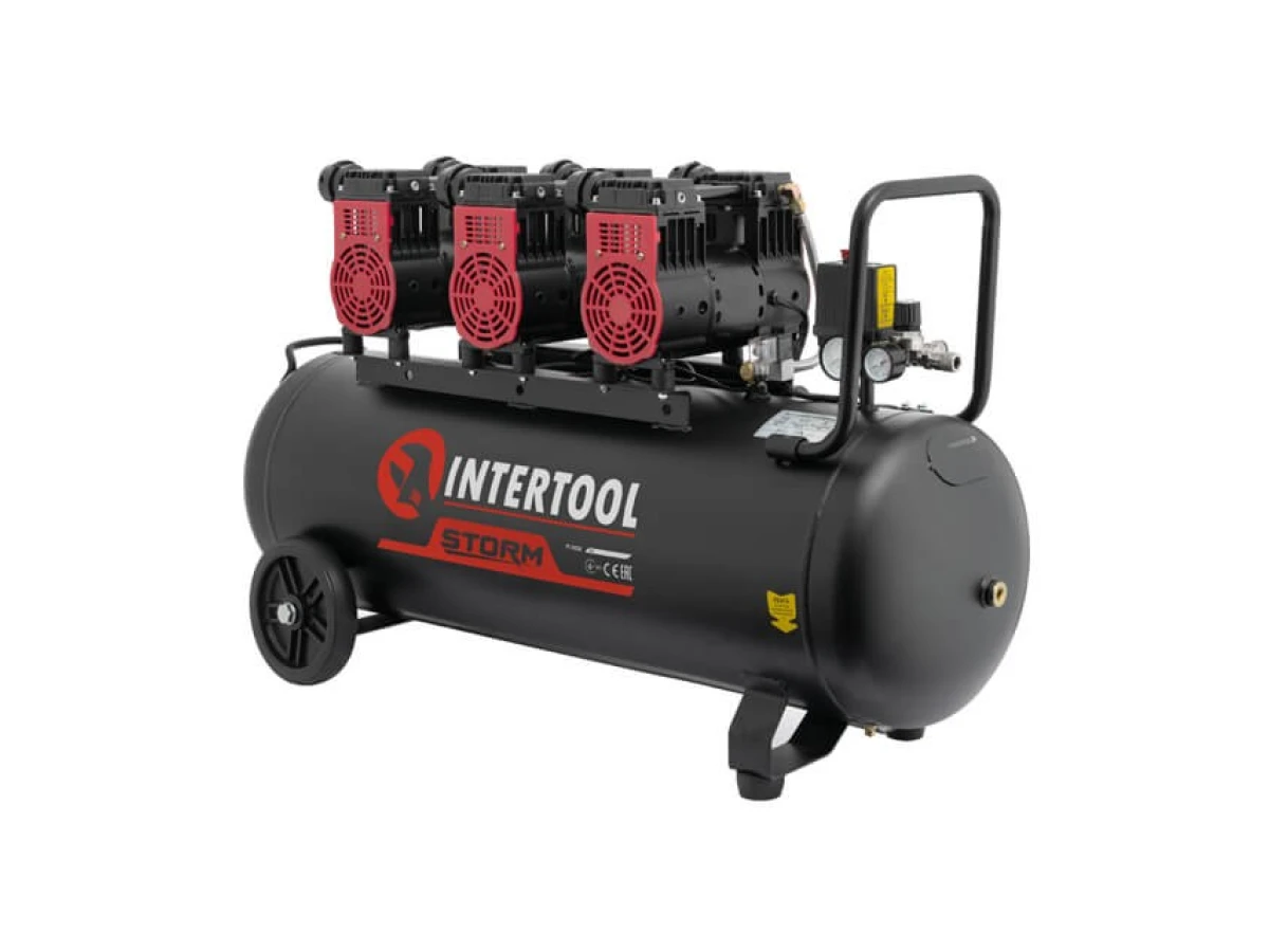 Компресор 100 л, 3х1.1 кВт, 220 В, 8 aтм, 480 л/хв., 1400 об/хв., малошумний, безмасляний, 6 циліндрів INTERTOOL PT-0028 