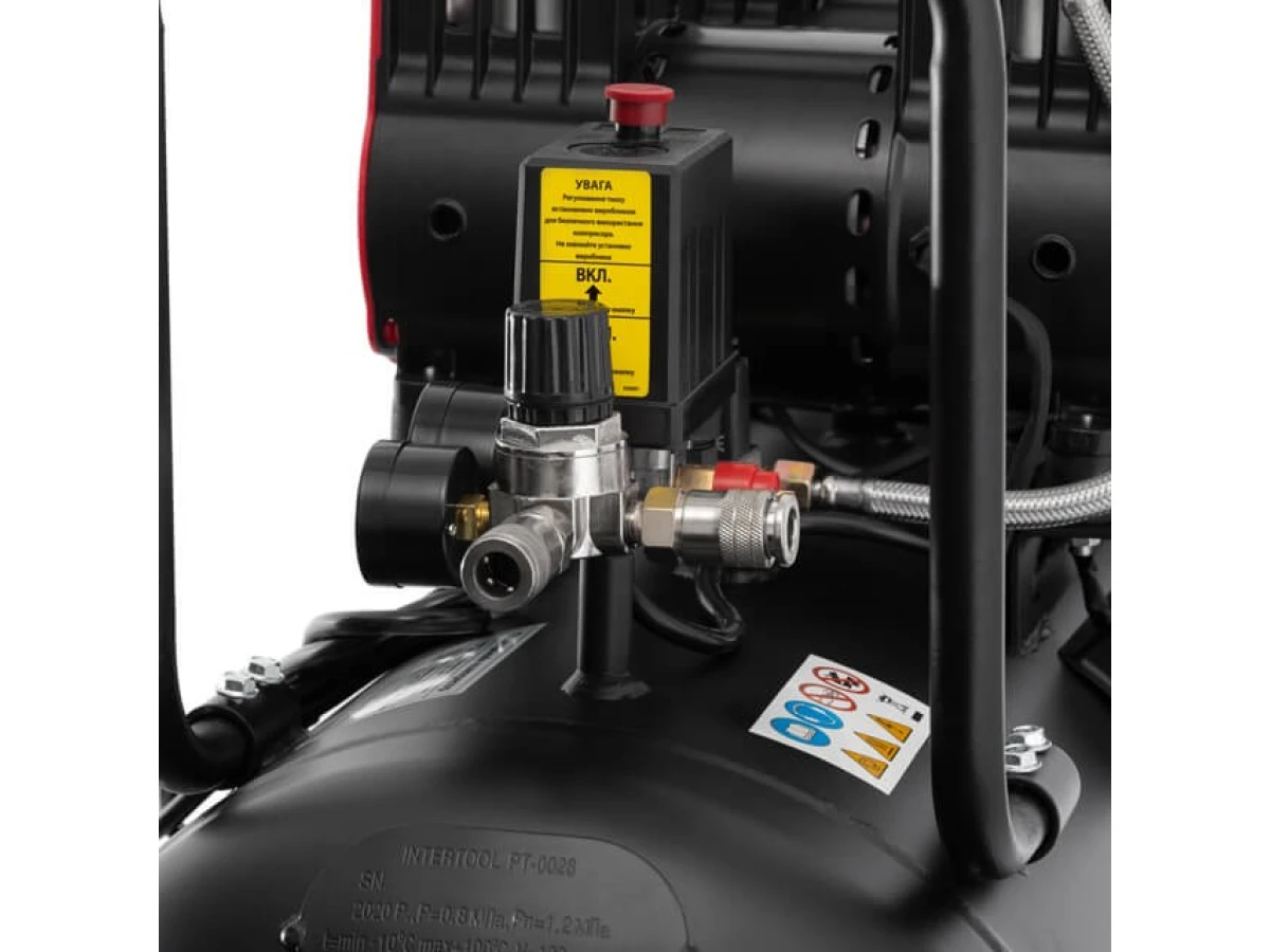 Компресор 100 л, 3х1.1 кВт, 220 В, 8 aтм, 480 л/хв., 1400 об/хв., малошумний, безмасляний, 6 циліндрів INTERTOOL PT-0028 