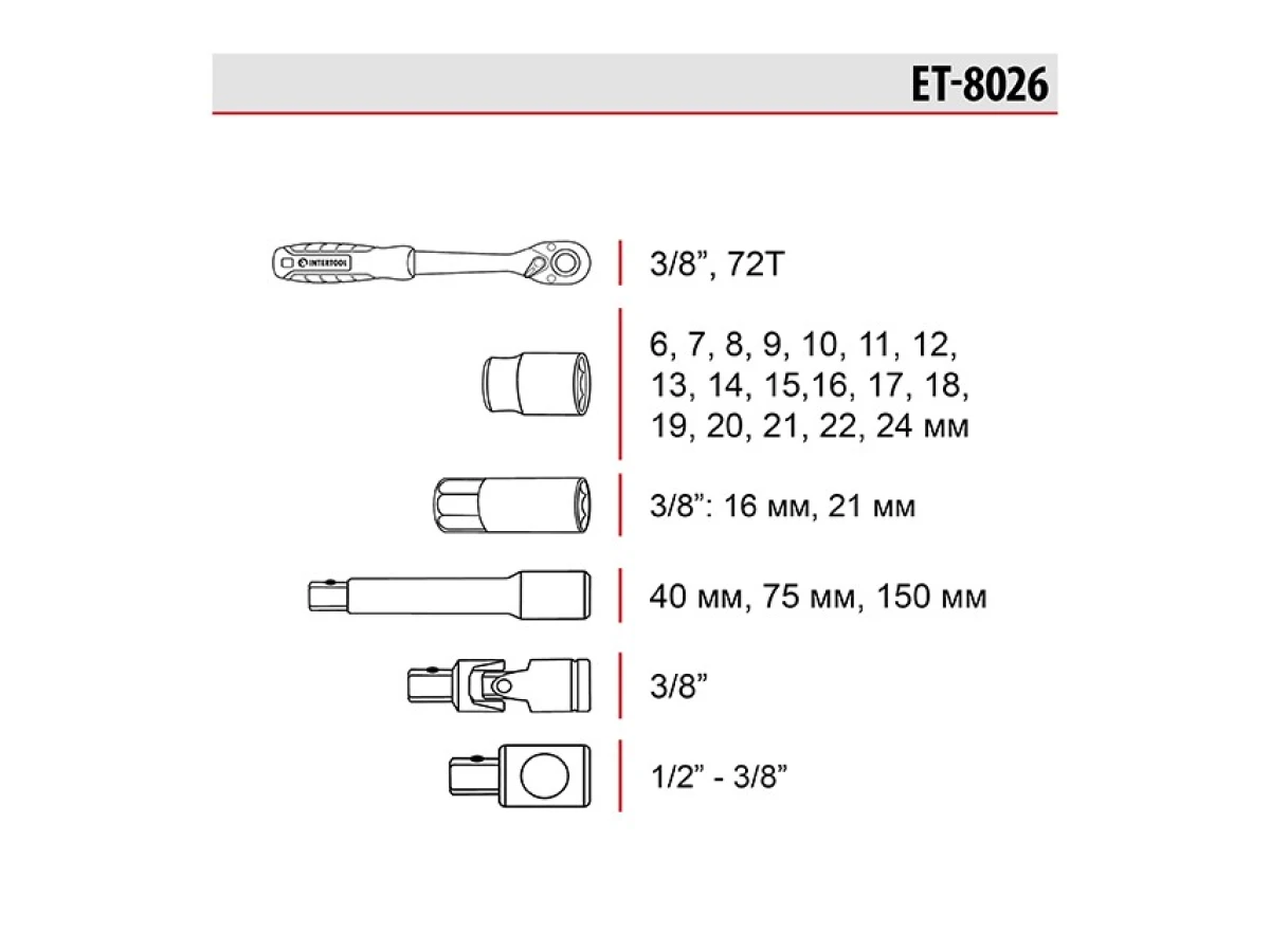 Набір інструментів 3/8", 26 од., Cr-V STORM INTERTOOL ET-8026 