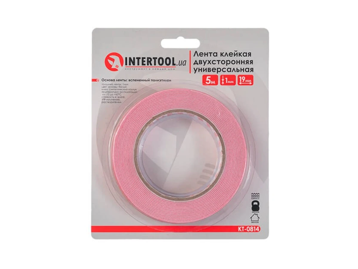 Стрічка клейка двостороння універсальна, 19 мм * 5 м * 1 мм, біла, спінений поліетилен INTERTOOL KT-0814 