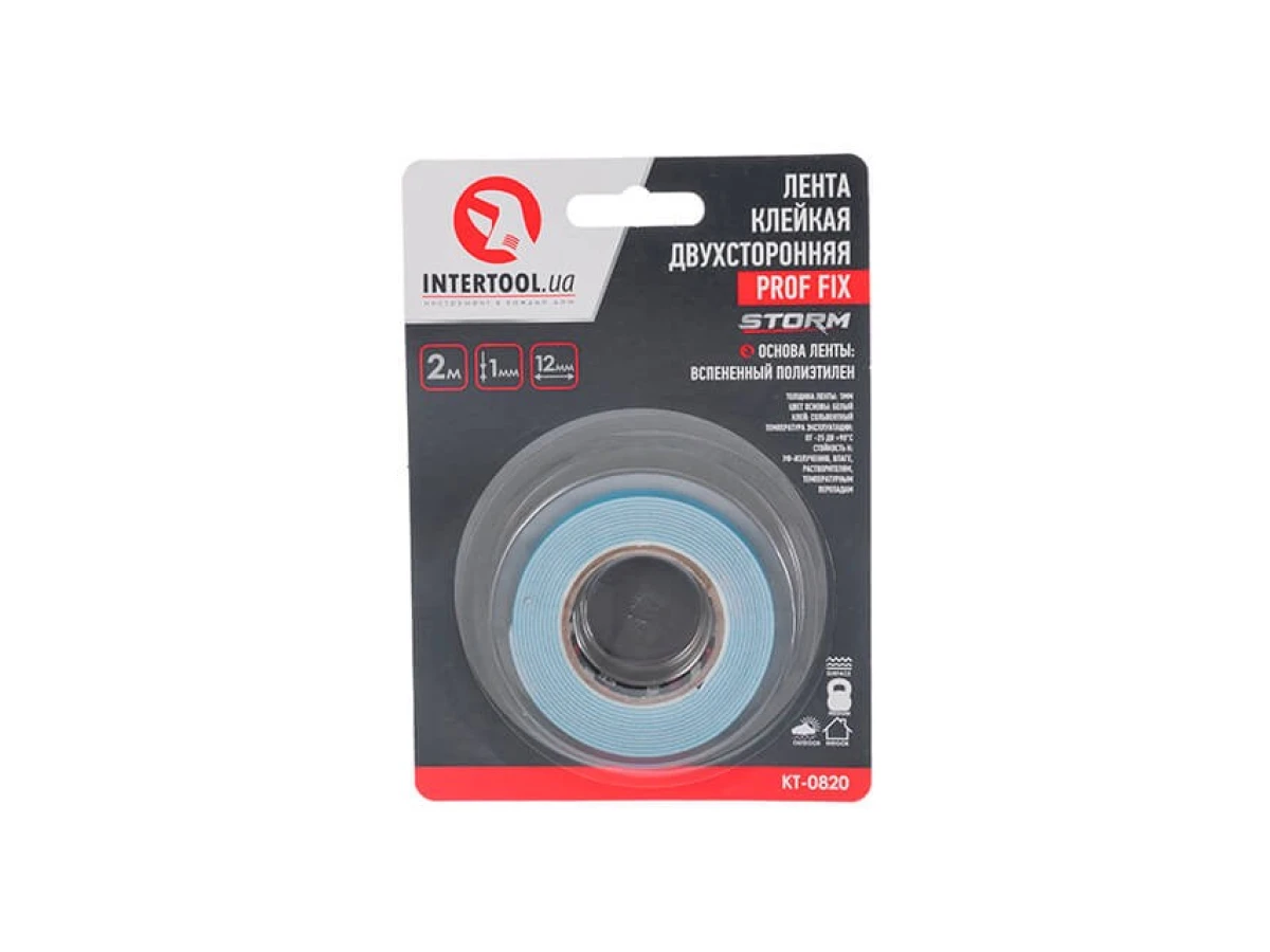 Стрічка клейка двостороння PROF FIX, 12 мм * 2 м * 1 мм, біла, спінений поліетилен, STORM INTERTOOL KT-0820 
