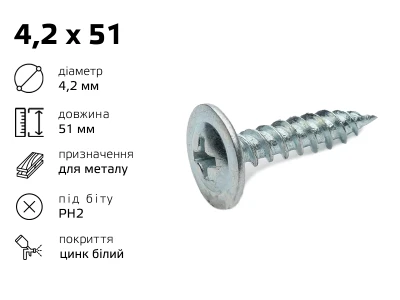 Саморіз по металу 4,2 х 51 з пресшайбою гострий (500шт)