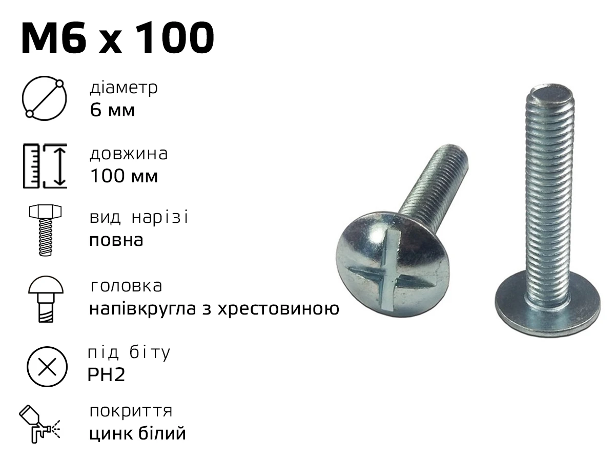 Гвинт меблевий RL M6 з напівкруглою головкою з хрестовиною, довжина - 100 мм, повне різьблення 