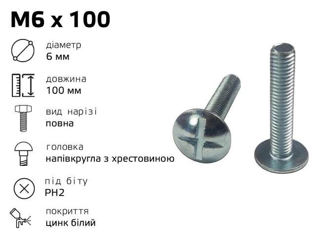 Гвинт меблевий RL M6 з напівкруглою головкою з хрестовиною, довжина - 100 мм, повне різьблення 