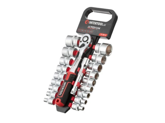 Набір головок 1/2" 8-32 мм, подовжувач, рукоятка з храповим механізмом 72 зубця, 20 од., Cr-V STORM INTERTOOL ET-8016 