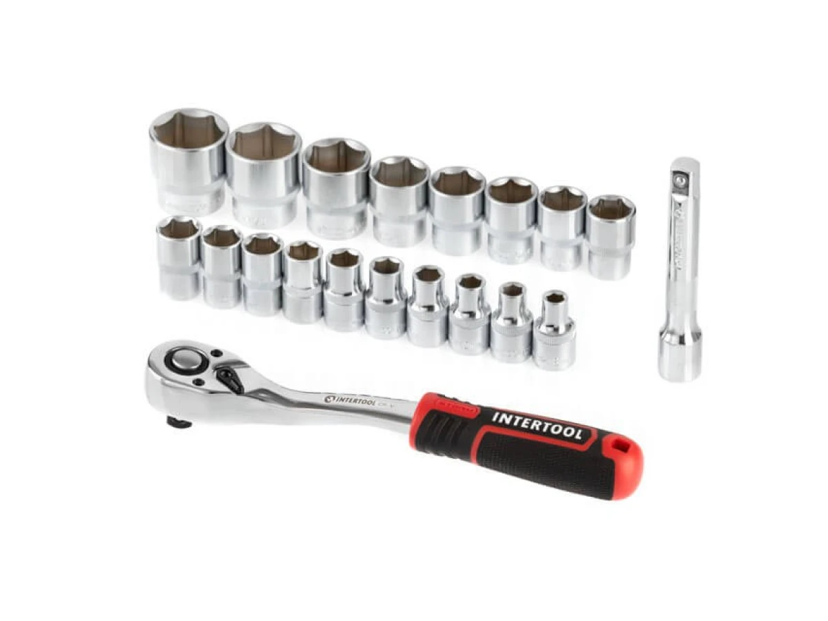 Набір головок 1/2" 8-32 мм, подовжувач, рукоятка з храповим механізмом 72 зубця, 20 од., Cr-V STORM INTERTOOL ET-8016 