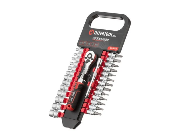 Набір головок 1/4" 4-14 мм, TORX, PH, HEX, FD, подовжувач, рукоятка з храповим механізмом 72 зубця, 28 од., CrV STORM INTERTOOL ET-8018 