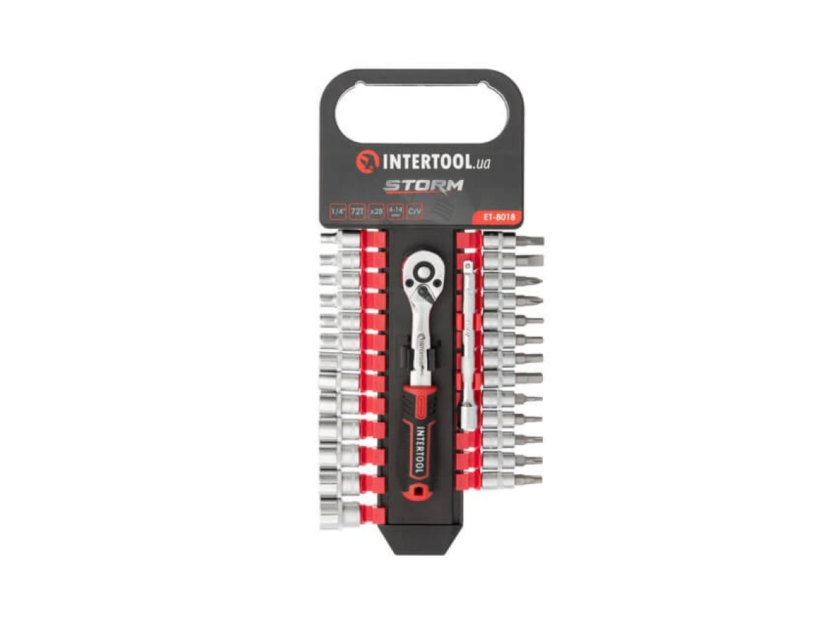 Набір головок 1/4" 4-14 мм, TORX, PH, HEX, FD, подовжувач, рукоятка з храповим механізмом 72 зубця, 28 од., CrV STORM INTERTOOL ET-8018 