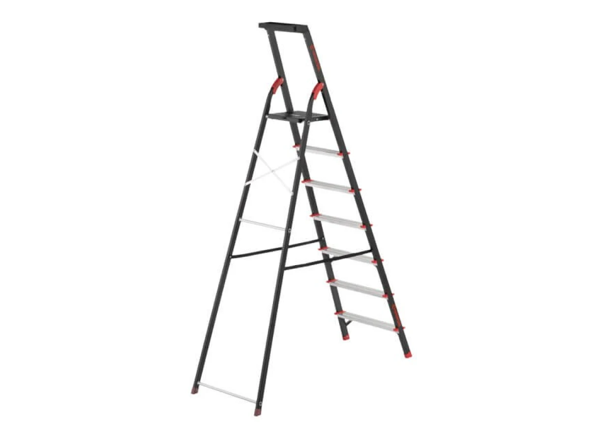 Стремянка 7 ступеней, лоток для инвентаря, стальной профиль, высота верхней ступени 1500 мм, 504*1283*2003мм, 150кг INTERTOOL LT-0057 