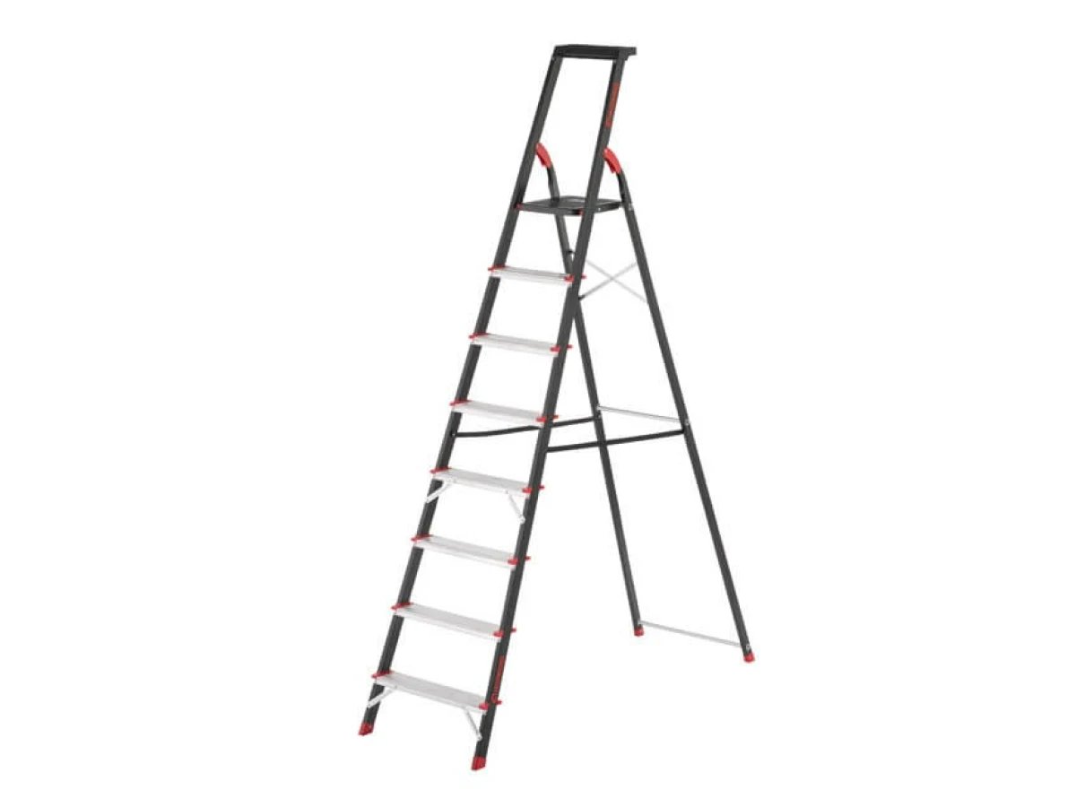 Стремянка 8 ступеней, лоток для инвентаря, стальной профиль, высота верхней ступени 1720 мм, 527х1437х2221мм, 150кг INTERTOOL LT-0058 