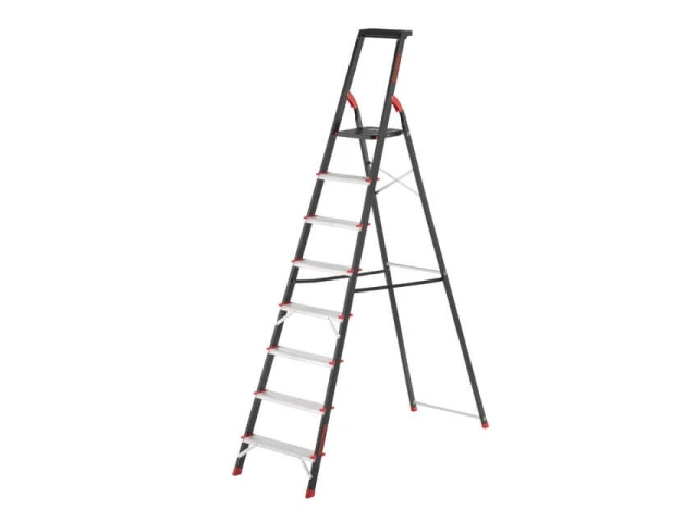 Стремянка 8 ступеней, лоток для инвентаря, стальной профиль, высота верхней ступени 1720 мм, 527х1437х2221мм, 150кг INTERTOOL LT-0058 