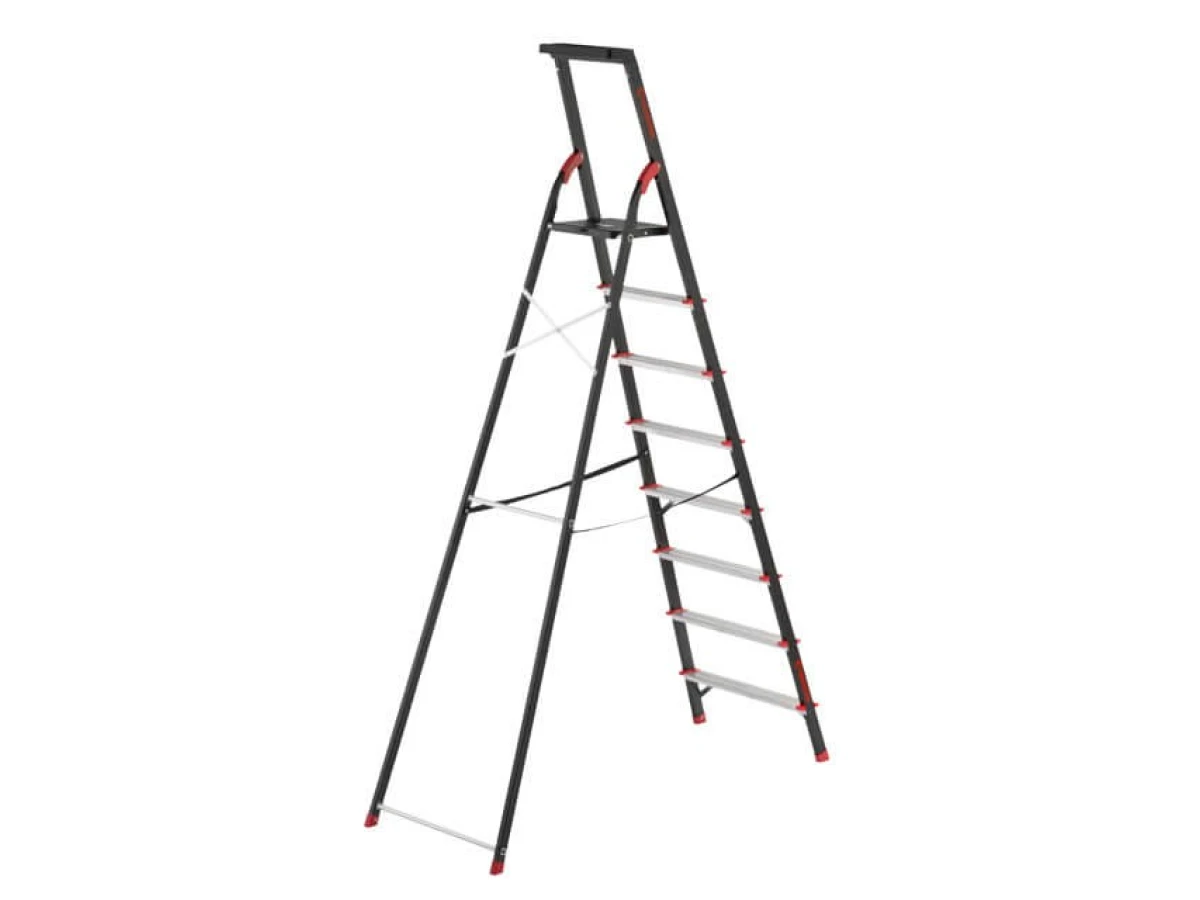 Стремянка 8 ступеней, лоток для инвентаря, стальной профиль, высота верхней ступени 1720 мм, 527х1437х2221мм, 150кг INTERTOOL LT-0058 