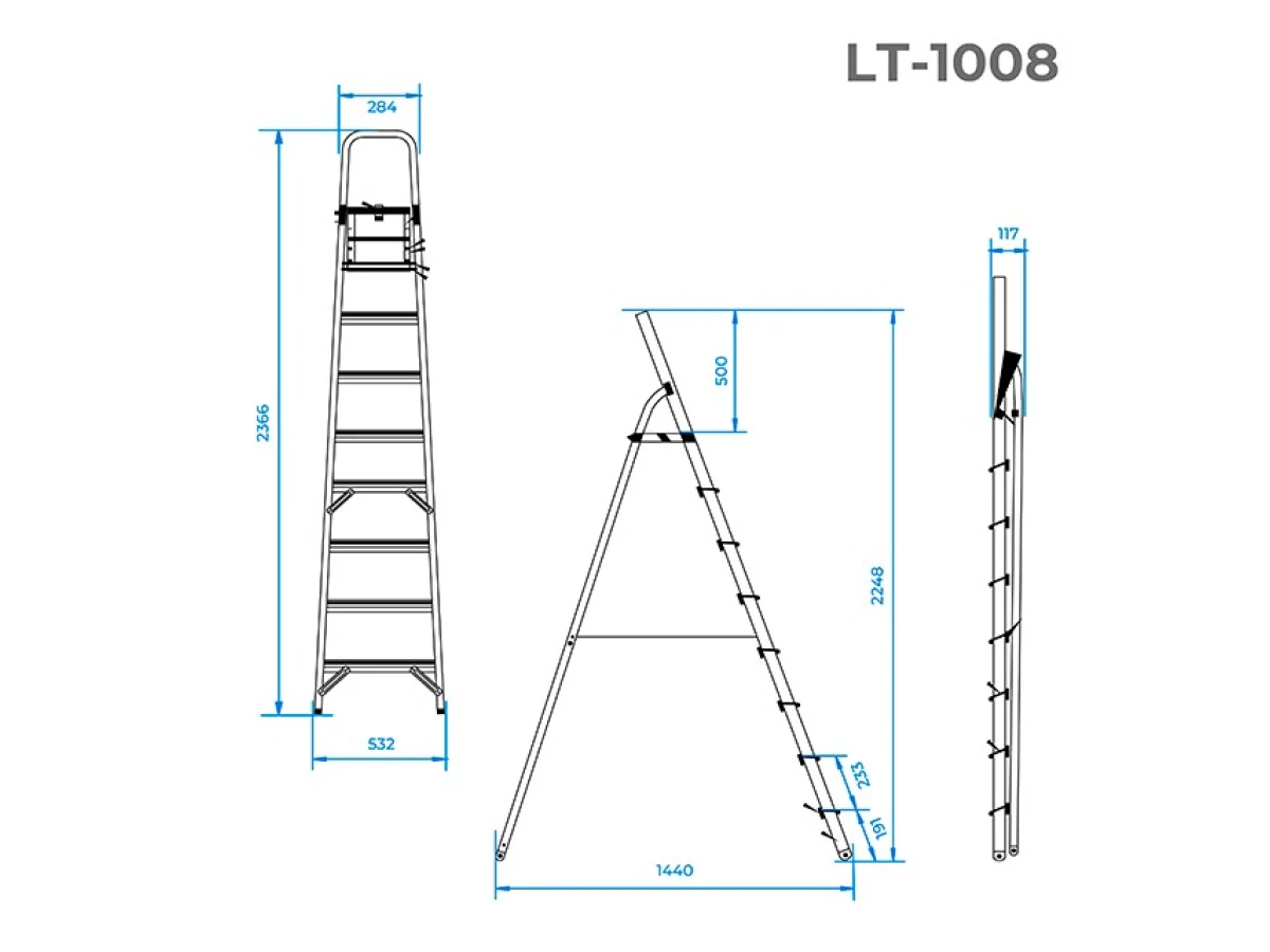 Стремянка алюминиевая 8 ступеней, высота до платформы 1720 мм INTERTOOL LT-1008 